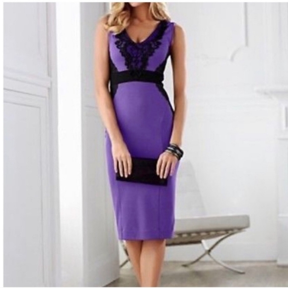 🅴 Purple bodycon stretch dress accented with black lace v-neck and side panels - Picture 5 of 16